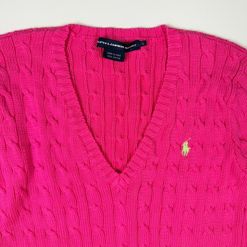 Ralph Lauren Sport Sweater Womens L Hot Pink Excellent V-Neck Cable Knit Cotton - Picture 3 of 11